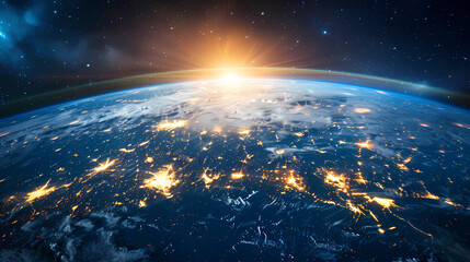 Obraz premium Panoramic view on planet Earth globe from space. Glowing city lights, light clouds