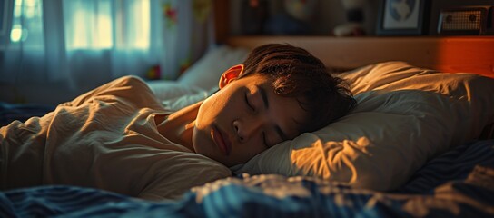 A young man peacefully sleeps in a warmly lit bedroom, showcasing a serene atmosphere, ideal for themes of rest and tranquility.