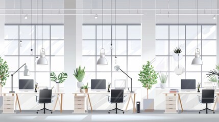 Fototapeta premium Modern Minimalist Office Interior Design with White Walls and Large Windows