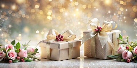 Elegant holiday gift boxes with ribbon on a soft floral background , gift, boxes, ribbon, elegant, holiday, soft
