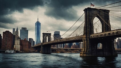 Obraz premium Oil on canvas - NYC river, bridge, abstract city scene, modern urban illustration, high contrast