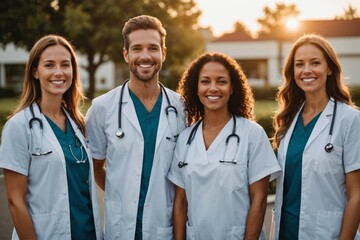 Smiling medical team standing together outside a hospital