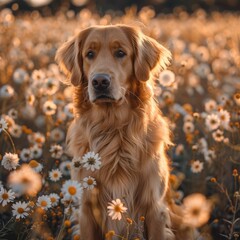Majestic Golden Retriever in Flower Field - Captivating Eyes in Soft Light