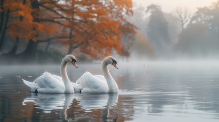 Fototapeta premium Tranquil Autumn Scene: Swans Gliding on Serene Lake Amidst Misty Forest - Nature Photography with Sony A7R III
