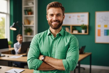 Fototapeta premium Close-up portrait of his he nice attractive cheerful cheery bearded guy in casual formal shirt office employee folded arms isolated on bright vivid shine vibrant green color background
