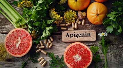 Apigenin in food products on the table. Selective focus.