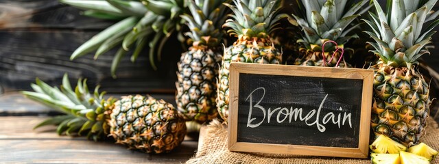 Bromelain in pineapple capsules supplements on the table. Selective focus.