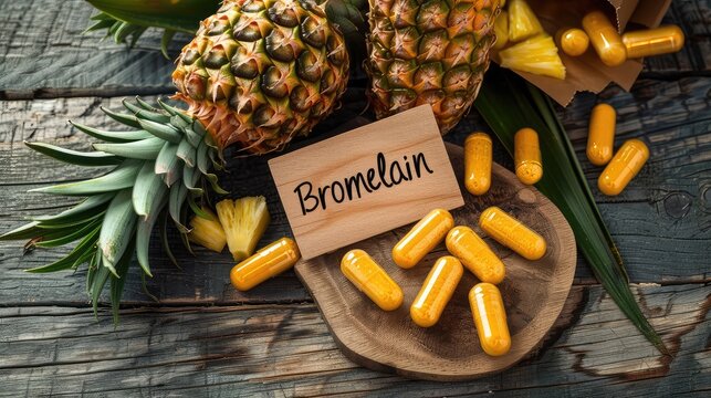 Bromelain in pineapple capsules supplements on the table. Selective focus.