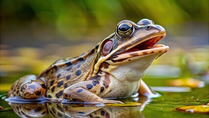 Fototapeta premium Profile view of a common european frog with its mouth open, frog, amphibian, profile, european, wildlife, nature, close-up, animal