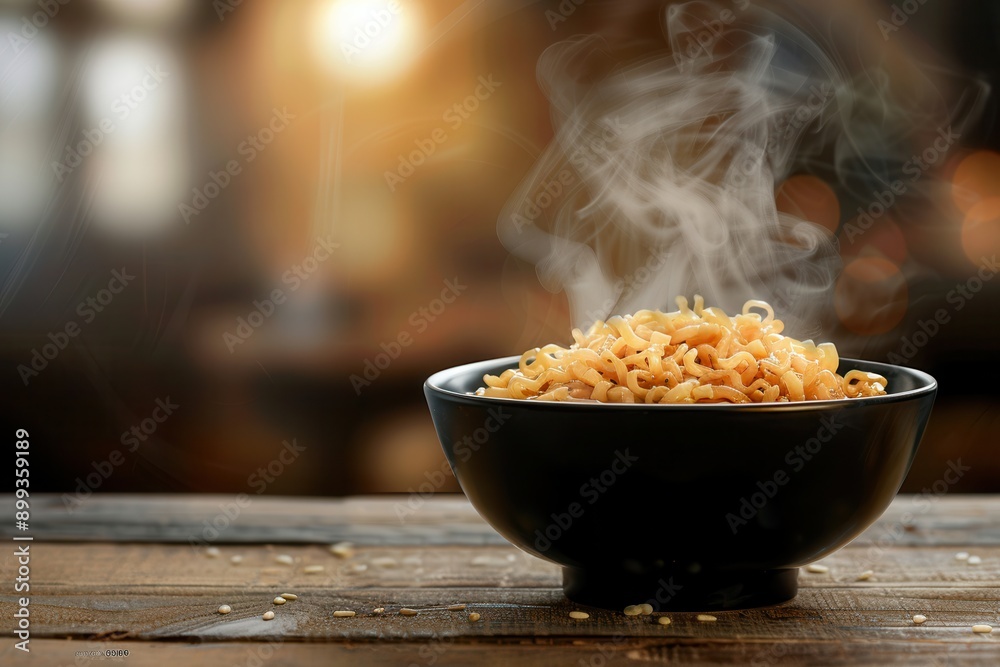 Aufkleber a bowl of delicious instant noodles emits steam while resting on a wooden table in a warm, inviting 