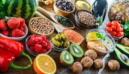 Food products representing the vegan diet. Veganism