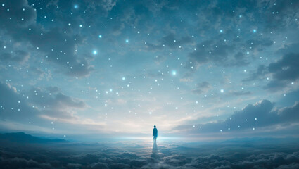 A lone figure stands on a misty plain under a sky filled with thousands of twinkling stars.