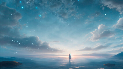 A lone figure stands on a misty plain under a sky filled with thousands of twinkling stars.