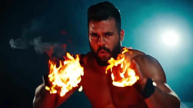 ecstatic man with burning fists making a combat motion. Concept of rage. heated altercation