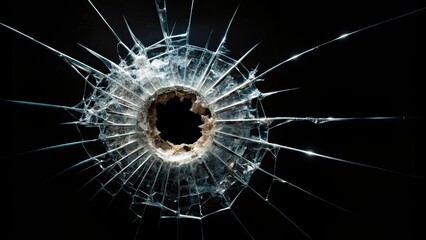 Bullet breaking window with hole and cracks on black background, bullet, break, window, glass, hole, cracks, black