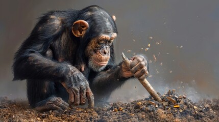 A chimpanzee uses a stick to extract termites from a mound.