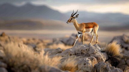 Fototapeta premium An impala antelope leaps across a rocky outcrop in the African savanna.