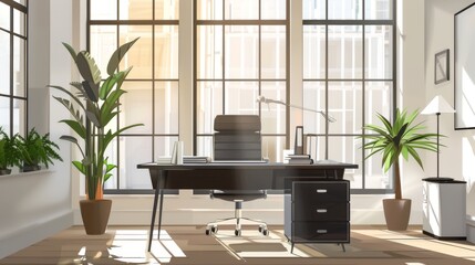 Fototapeta premium Modern Office Interior with Sunlight Streaming Through Windows