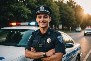 Close Portrait of Smiling young man cops stand near patrol car look at camera enforcement happy officer police uniform auto safety security communication control policeman portrait close up 