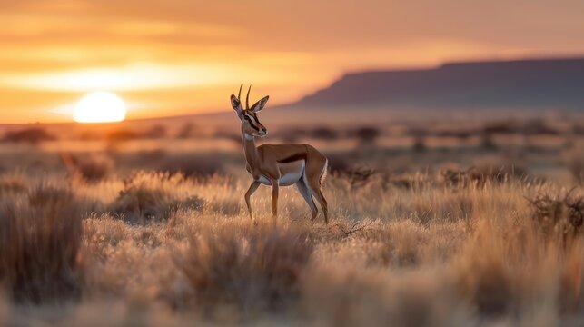 A springbok silhouetted against the setting sun.