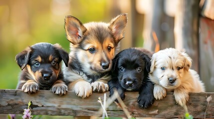 four adorable puppies of different breeds, sitting on a wooden fence