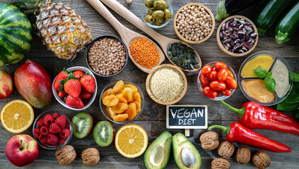 Food products representing the vegan diet. Veganism
