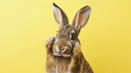 Obraz premium 顔に手を当ておろおろするうさぎ。コピースペース