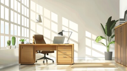 Fototapeta premium Modern Office Interior Design with Sunlight Streaming Through Window