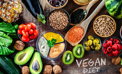 Food products representing the vegan diet. Veganism