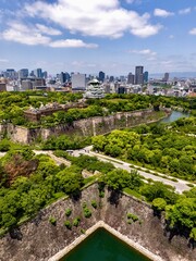 Drone footage of Osaka castle fortifications, Japan