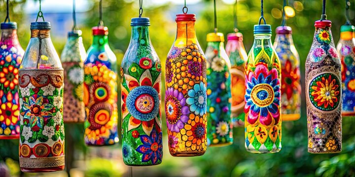 Recycled bottle decorations with colorful designs , upcycled, eco-friendly, DIY, craft, handmade, sustainable, recycled