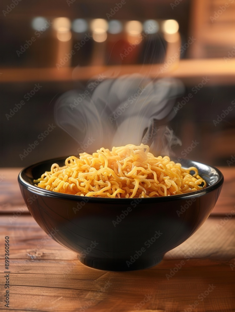 Poster a bowl of steaming instant noodles rests on a wooden table, inviting warmth and comfort with its del