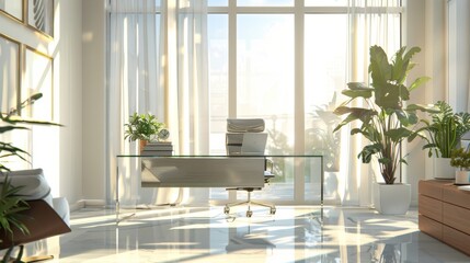 Modern Office Interior Design with Glass Desk and Sunlight