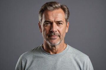 Obraz premium Close Portrait of mature businessman.wearing T-shirt, against gray background.