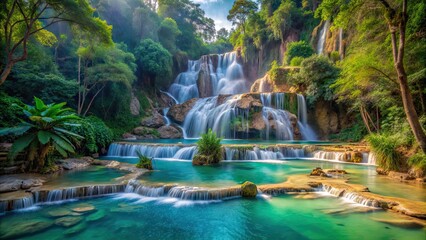 A breathtaking view of Kuang Si waterfall in Laos surrounded by lush greenery and turquoise blue waters, Laos