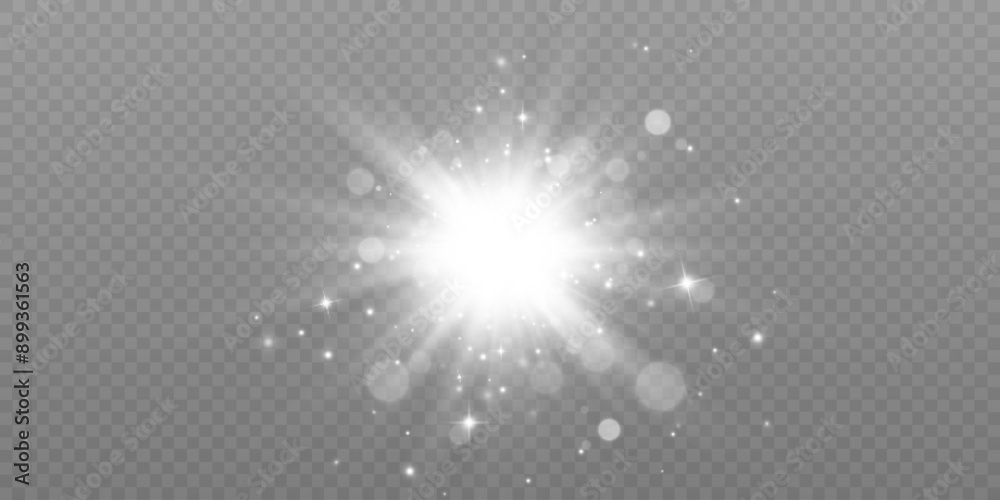 Poster Bright glow effect of glare. Bright sun with rays and glare. Vector light effect isolated on transparent background