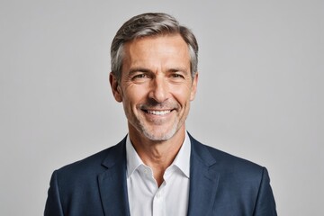 Close-up profile side view portrait of nice attractive cheerful cheery middle age man wearing formal-wear leadership recruitment isolated over light white gray pastel color background