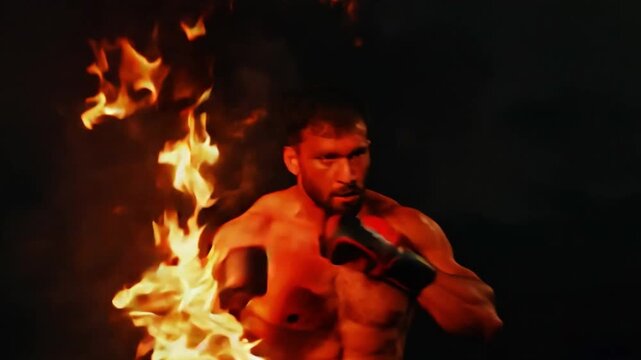 ecstatic man with burning fists making a combat motion. Concept of rage. heated altercation
