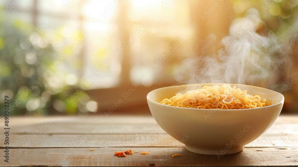 Poster a steaming bowl of instant noodles sits invitingly on a wooden table, surrounded by warm afternoon l
