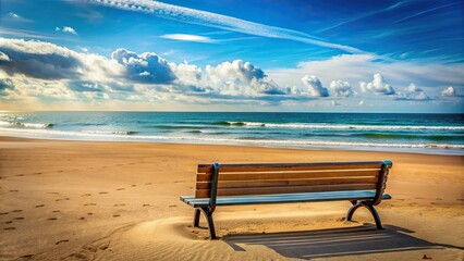 Obraz premium Bench on sandy beach with ocean view , relaxation, tranquil, coastal, scenic, summer, vacation, seating, wooden, peaceful, serene
