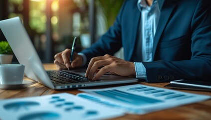 A business professional in a suit actively engages with data on a laptop in a modern office setting, surrounded by charts and a cup of coffee.