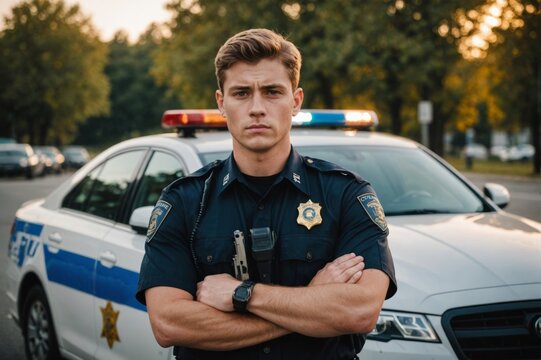 Close upPortrait serious young man cops hold pistol stand near patrol car look at camera enforcement officer police uniform auto safety security communication control policeman portrait close up 