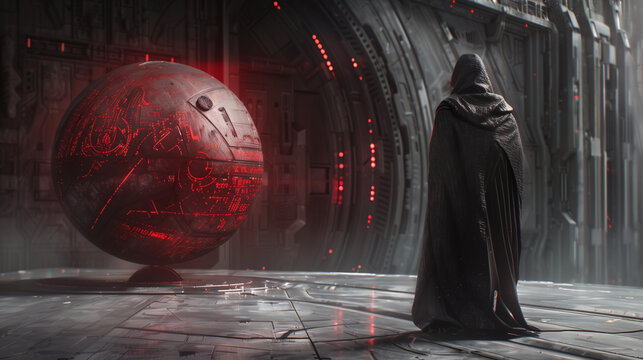A hooded figure stands in a dark, futuristic environment, observing a large glowing orb