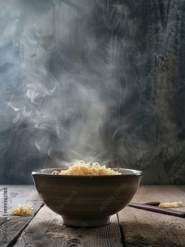 Poster a steaming bowl of instant noodles sits on a wooden table, emitting warmth and inviting aromas, perf