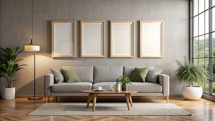 Fototapeta premium Mock up posters frame hanging on modern living room wall , mock up, frame, posters, modern, interior, wall, living room