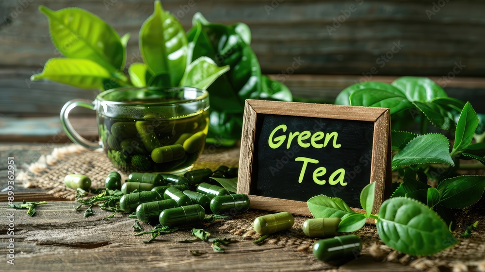 Wall mural green tea capsules supplements on the table. selective focus.