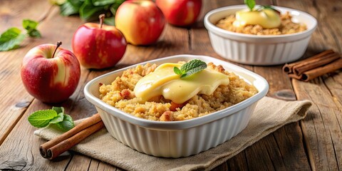 Delicious apple crumble topped with creamy custard , dessert, baked, sweet, fruit, homemade, comfort food, traditional, warm
