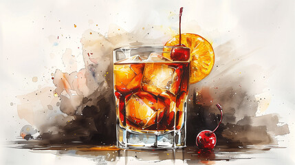 Vibrant watercolor illustration of an Old Fashioned cocktail with ice, orange slice, and cherry garnish on a splattered background