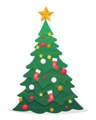 Festive Christmas tree in flat style. Green fluffy pine vector illustration