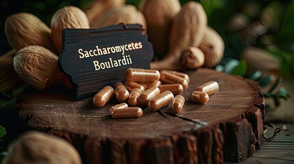 Saccharomyces boulardii capsules supplements on the table. Selective focus.
